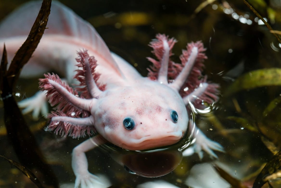 An axolotl in clear freshwater with its feathery external gills fanned out