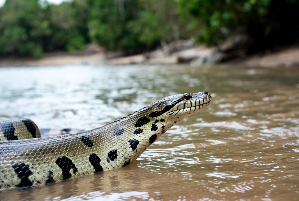 A green anaconda partly submerged at the edge of a tropical river with only its head above water