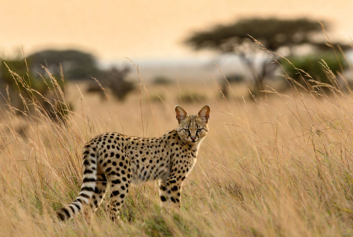 A serval standing alert in tall savanna grass with its oversized ears raised