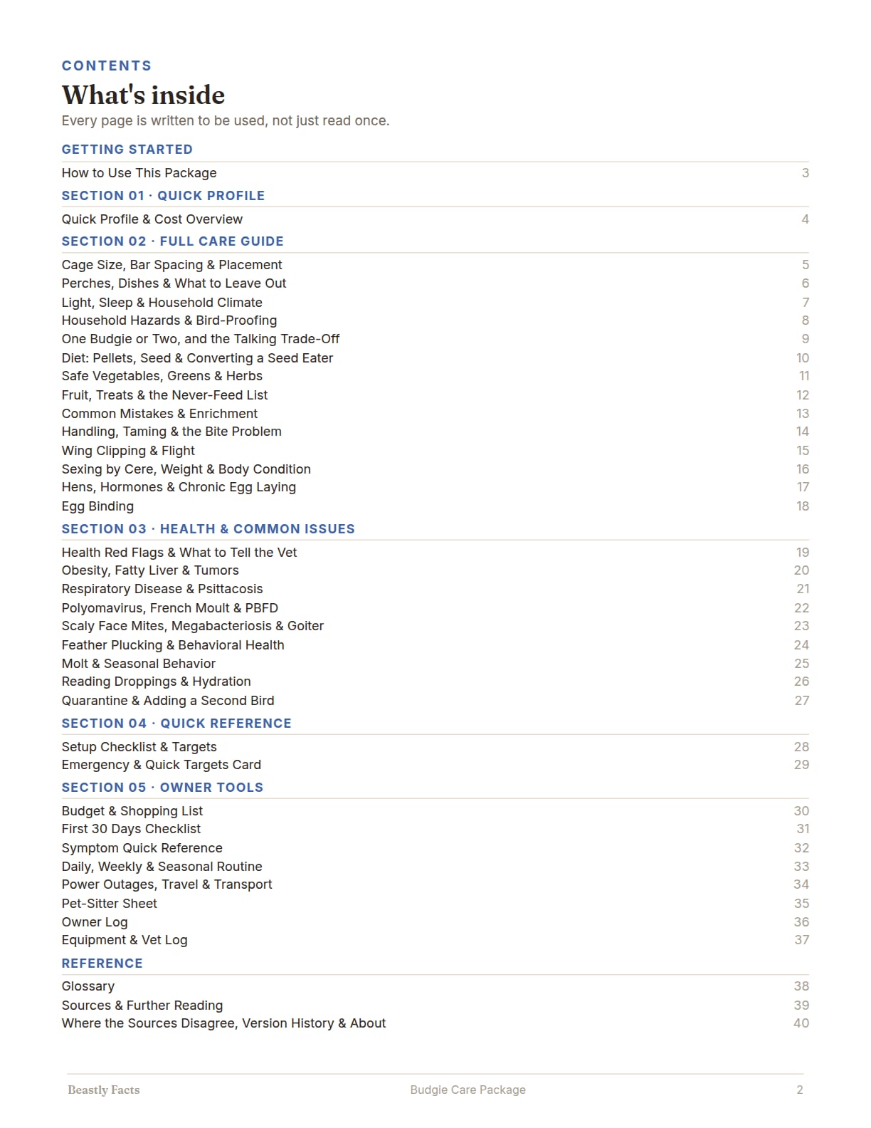 Budgie Care Package, page 2: What's inside: the contents page, every page of the package listed
