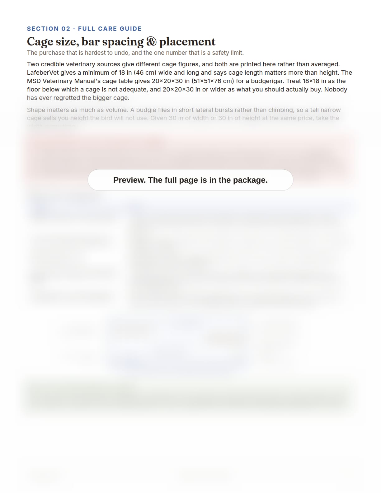 Budgie Care Package, page 5: Cage size, bar spacing and placement