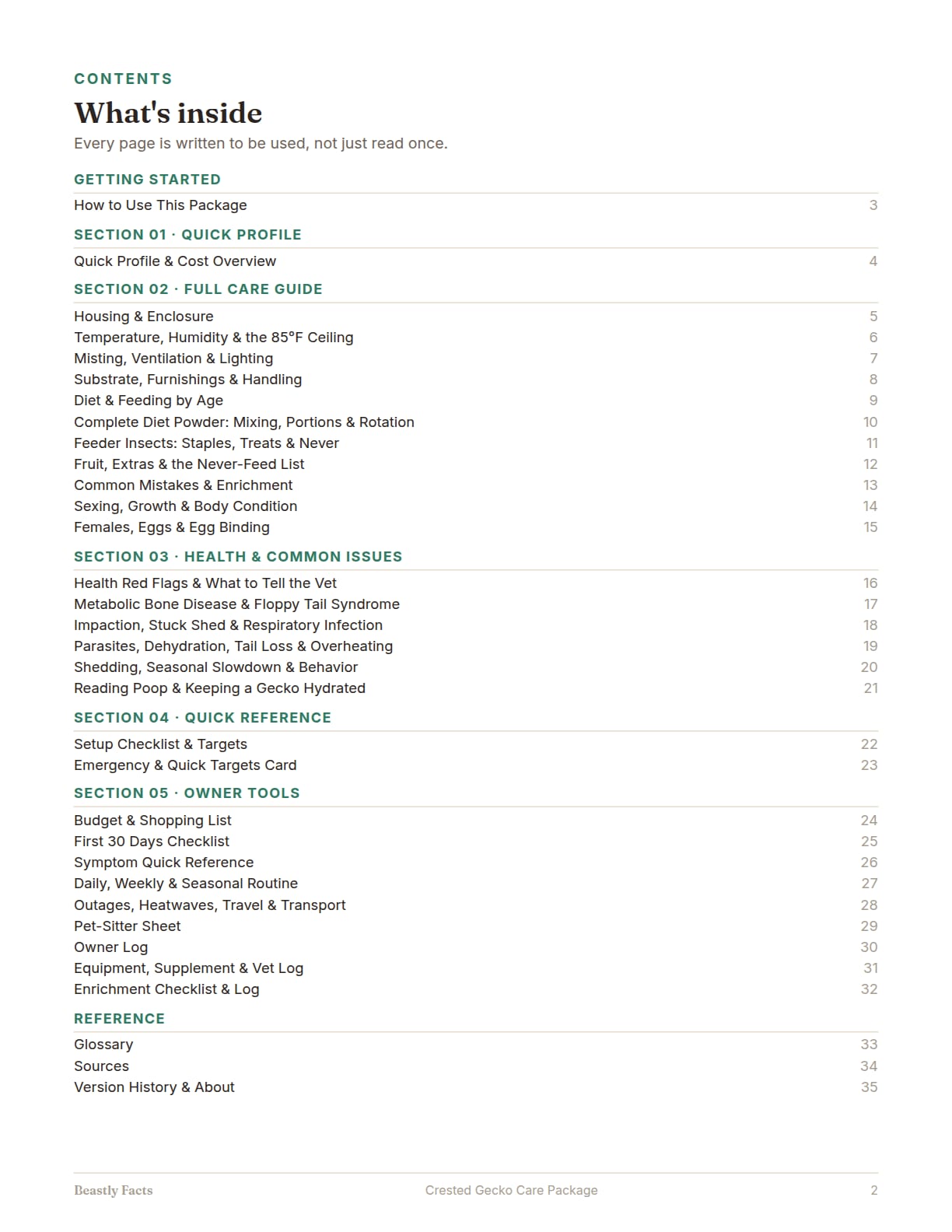 Crested Gecko Care Package, page 2: What's inside: the contents page, every page of the package listed