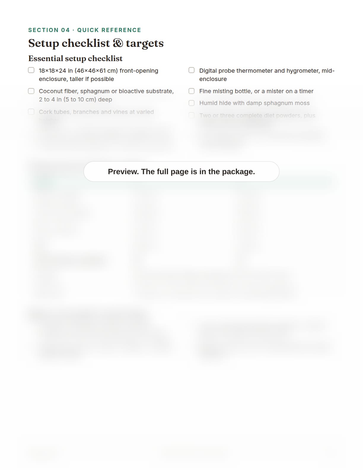 Crested Gecko Care Package, page 22: Emergency and quick targets card