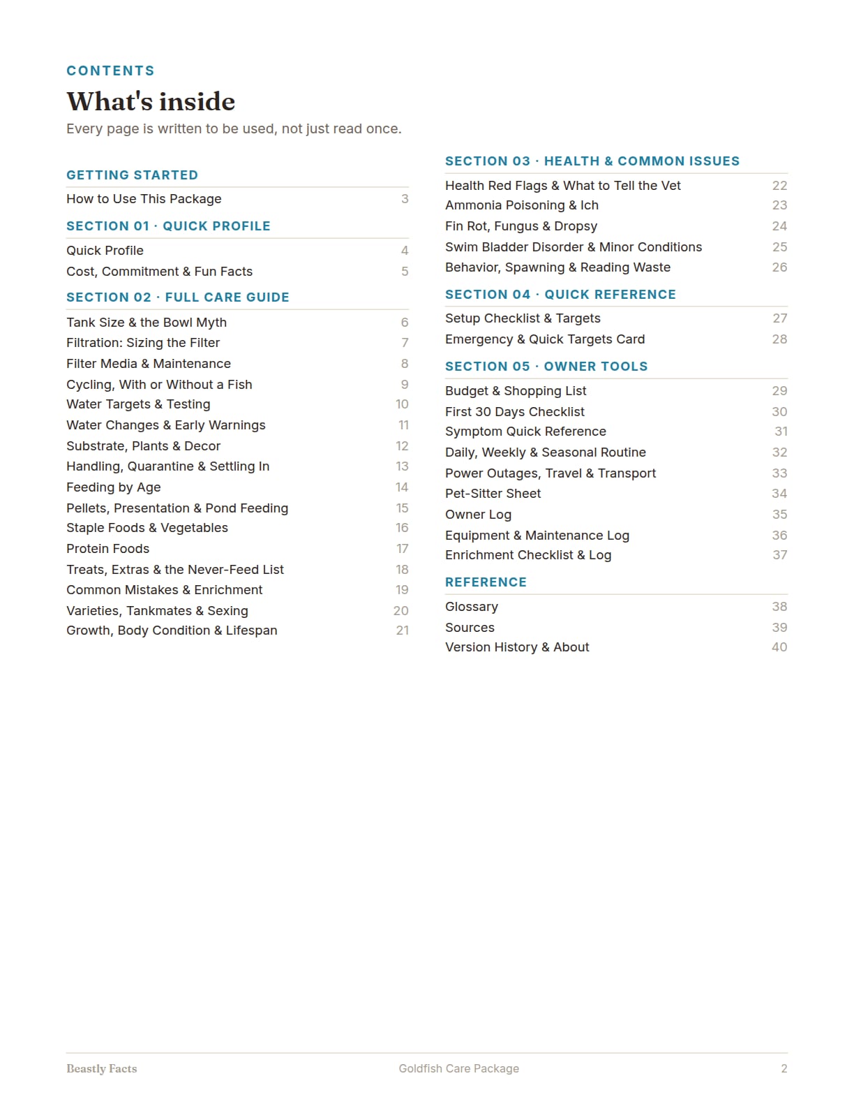 Goldfish Care Package, page 2: What's inside: the contents page, every page of the package listed