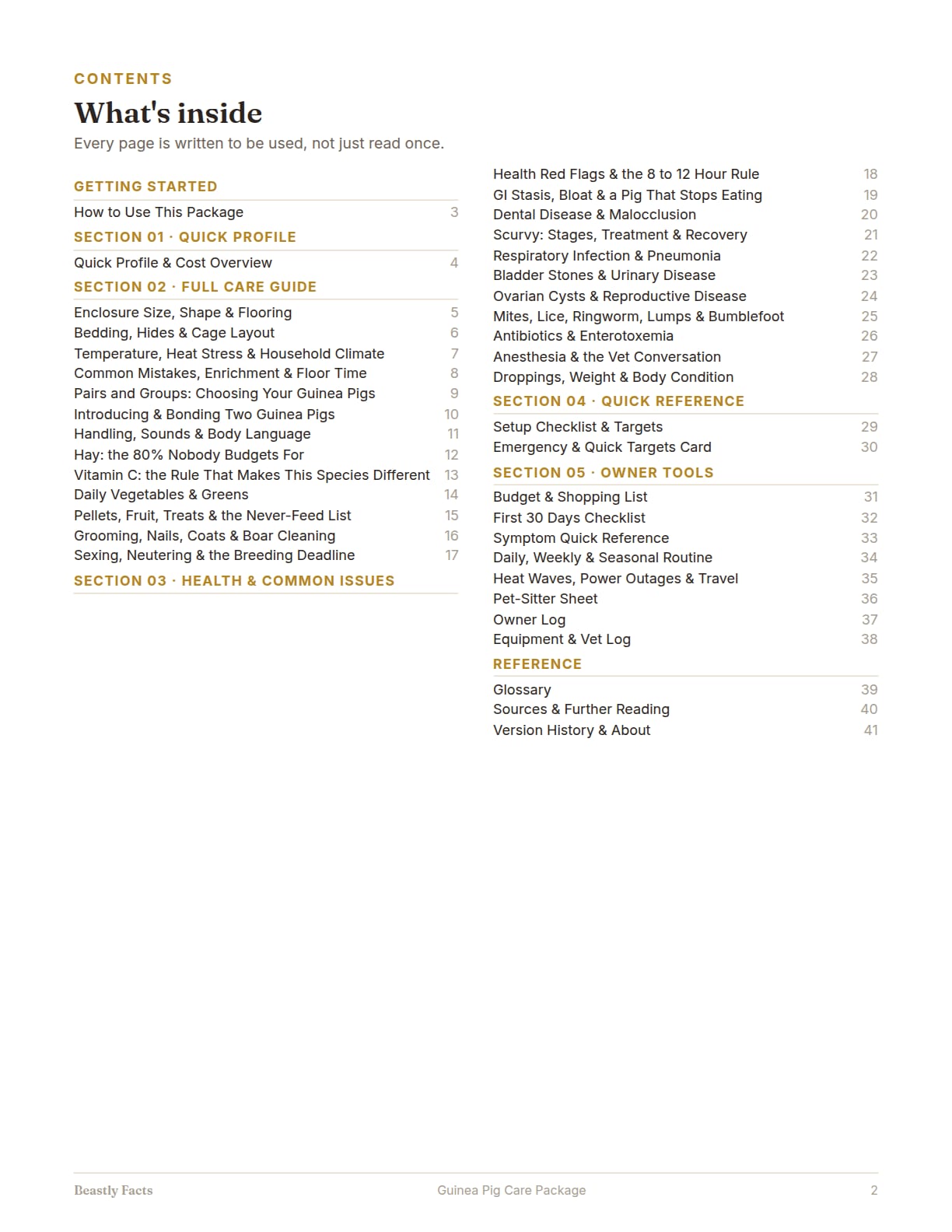 Guinea Pig Care Package, page 2: What's inside: the contents page, every page of the package listed