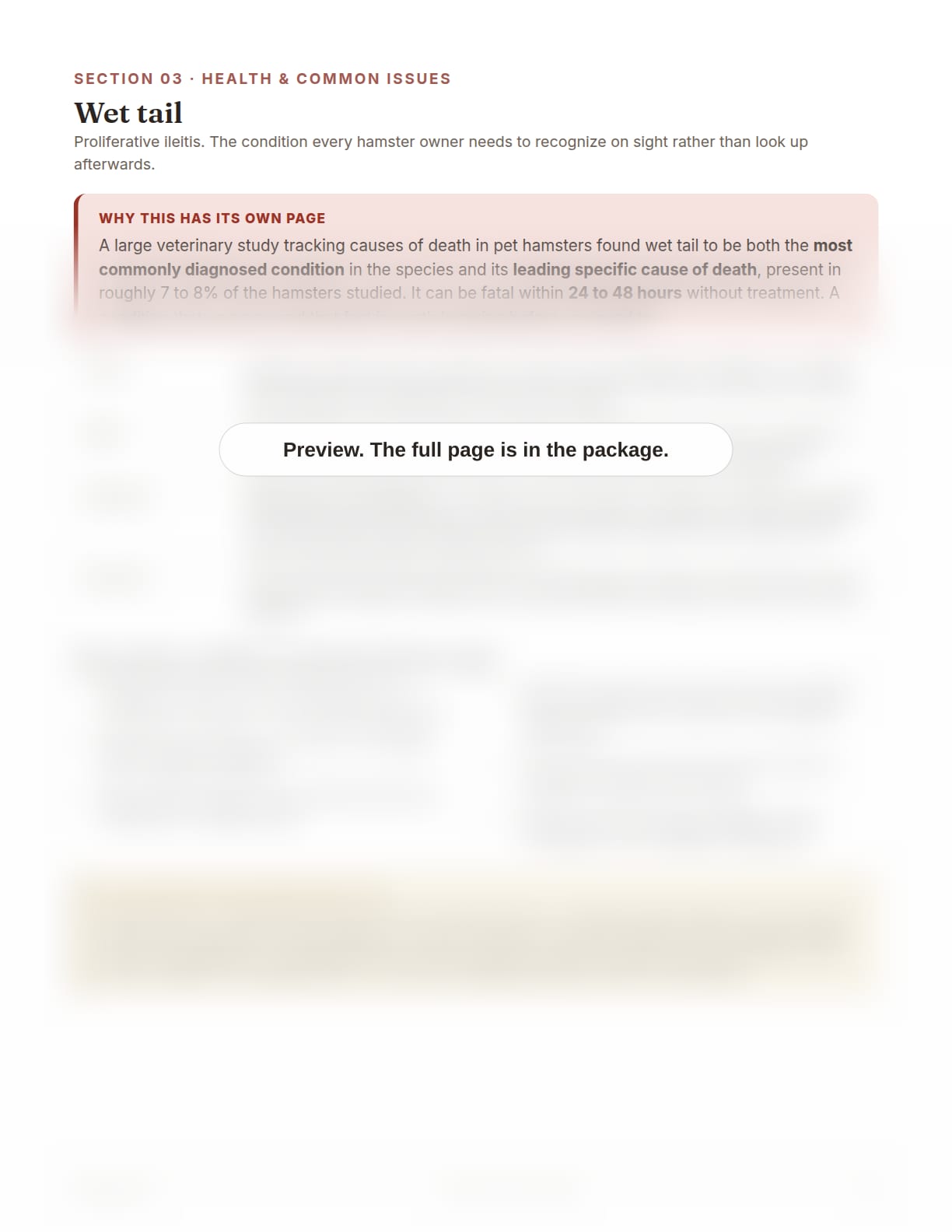 Hamster Care Package, page 19: Wet tail: cause, signs, response and recovery on one page