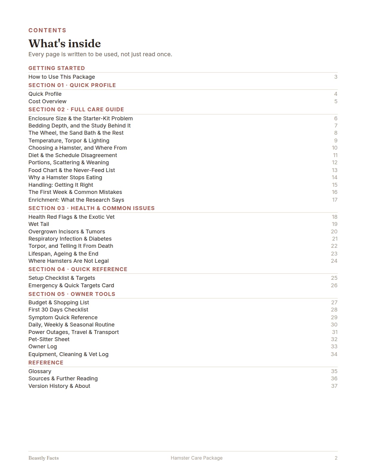 Hamster Care Package, page 2: What's inside: the contents page, every page of the package listed