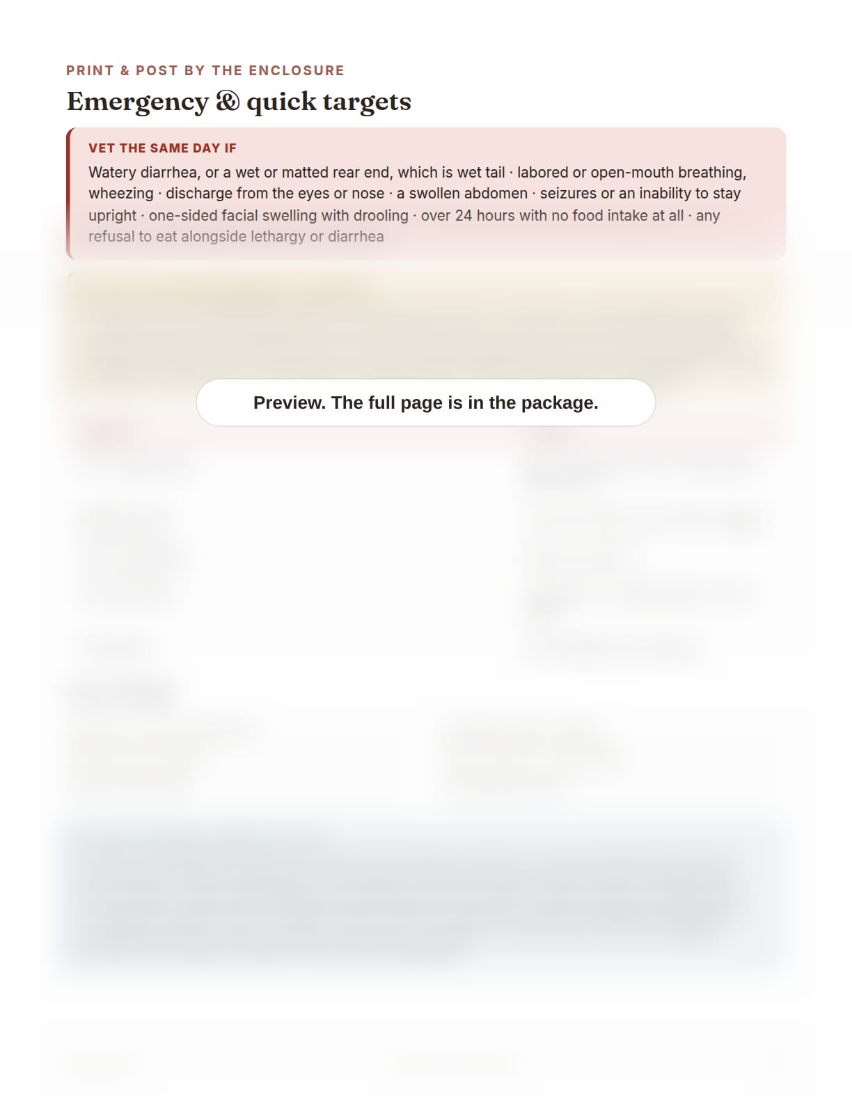 Hamster Care Package, page 26: Emergency and quick targets card, to print and post by the enclosure