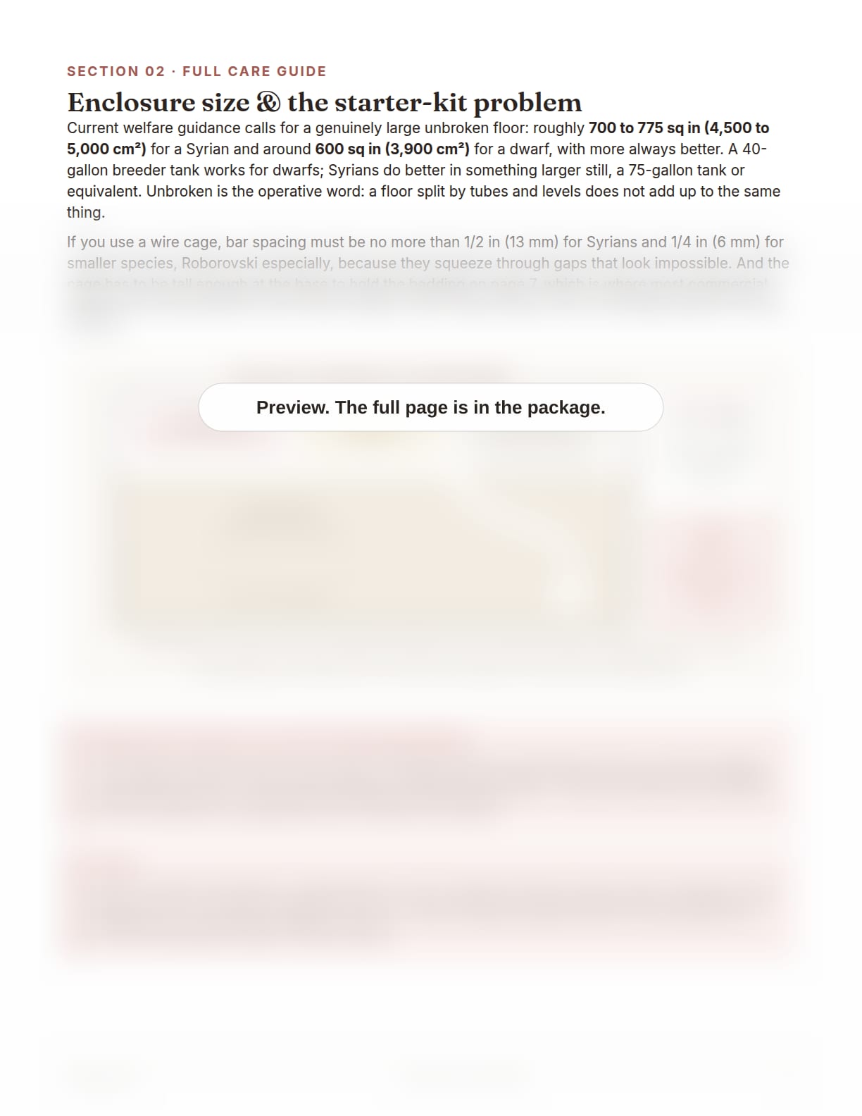 Hamster Care Package, page 6: Enclosure size and the starter-kit problem, with the side view diagram of a deep-bedded enclosure