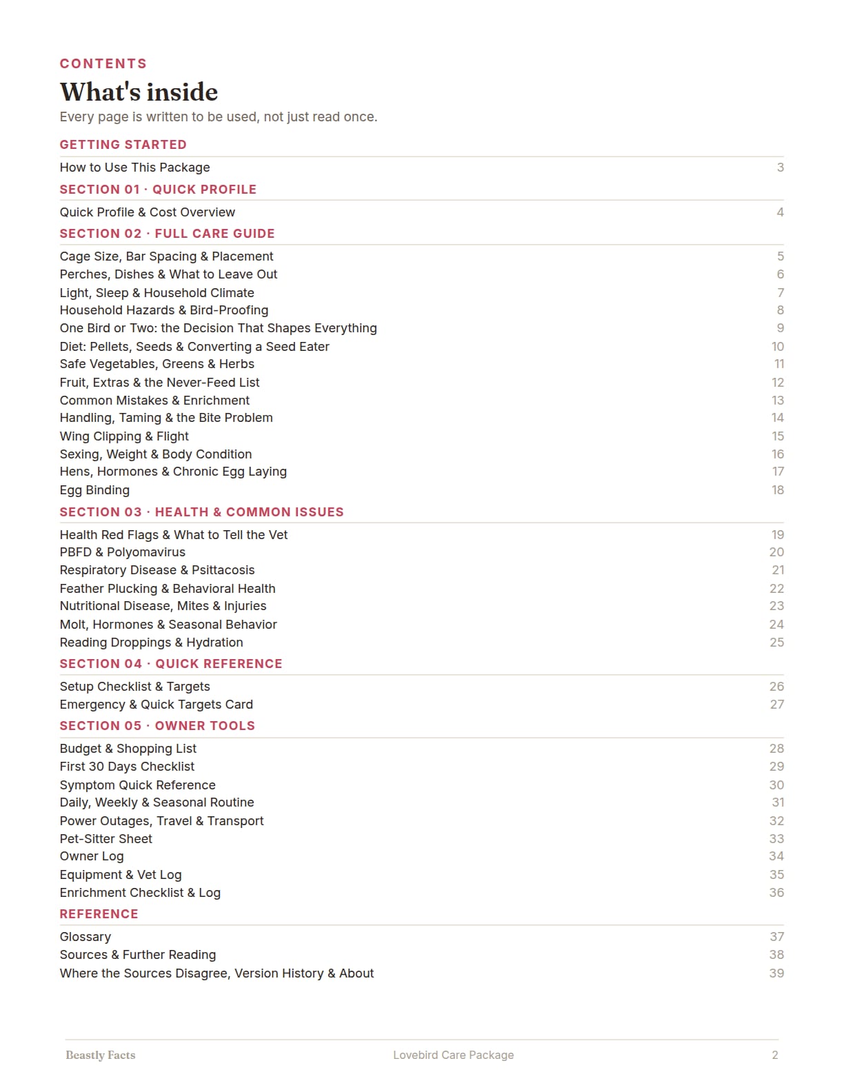 Lovebird Care Package, page 2: What's inside: the contents page, every page of the package listed