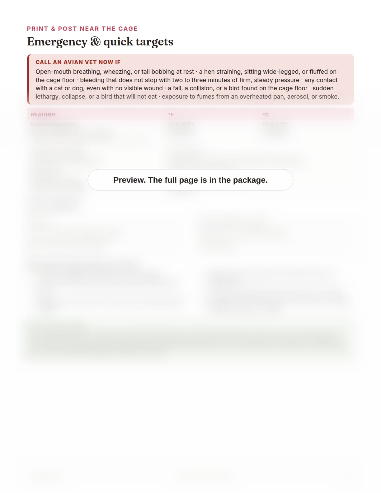 Lovebird Care Package, page 27: Emergency and quick targets card