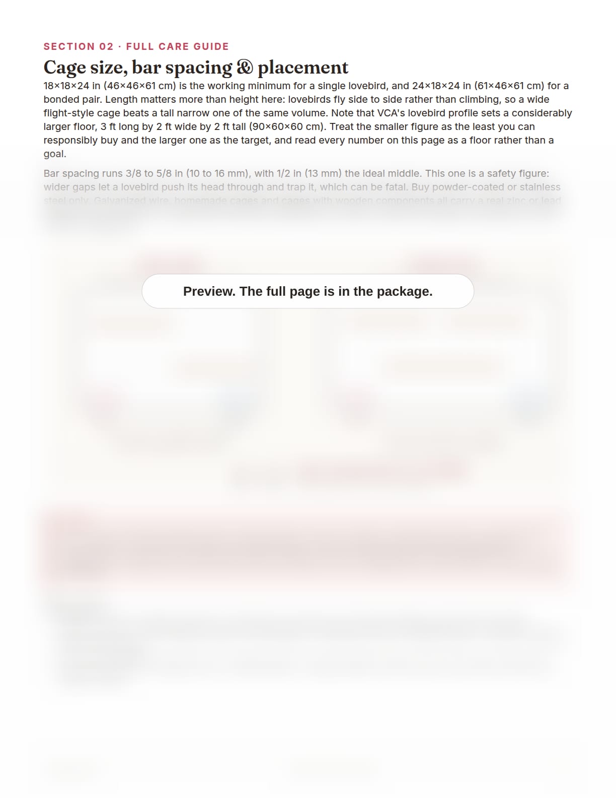 Lovebird Care Package, page 5: Cage size, bar spacing and placement