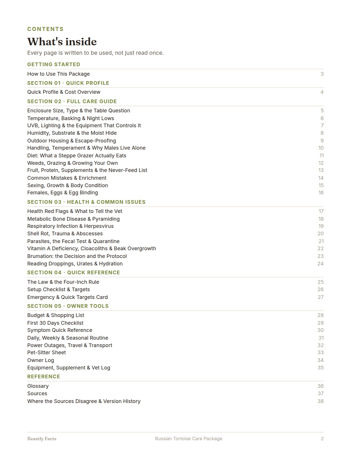 Russian Tortoise Care Package, page 2: What's inside: the contents page, every page of the package listed