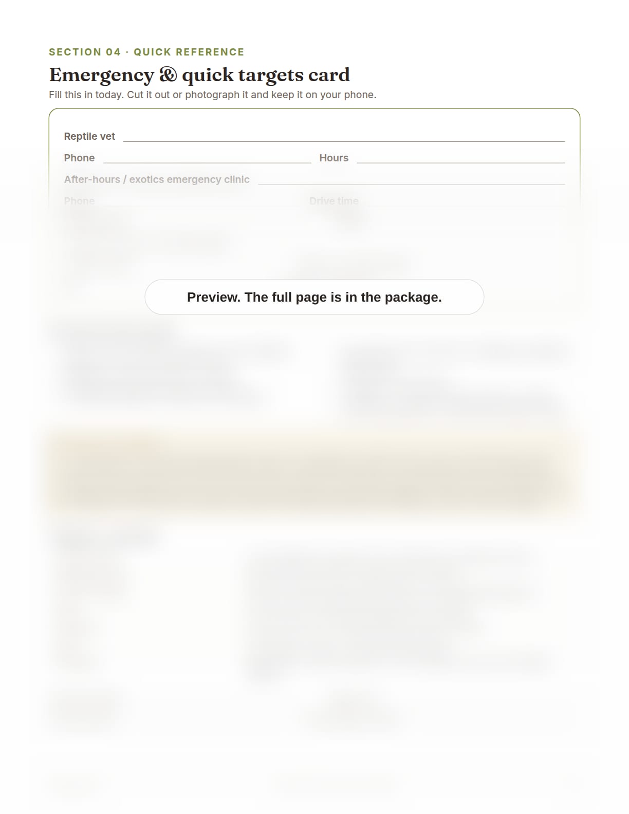 Russian Tortoise Care Package, page 27: Emergency and quick targets card