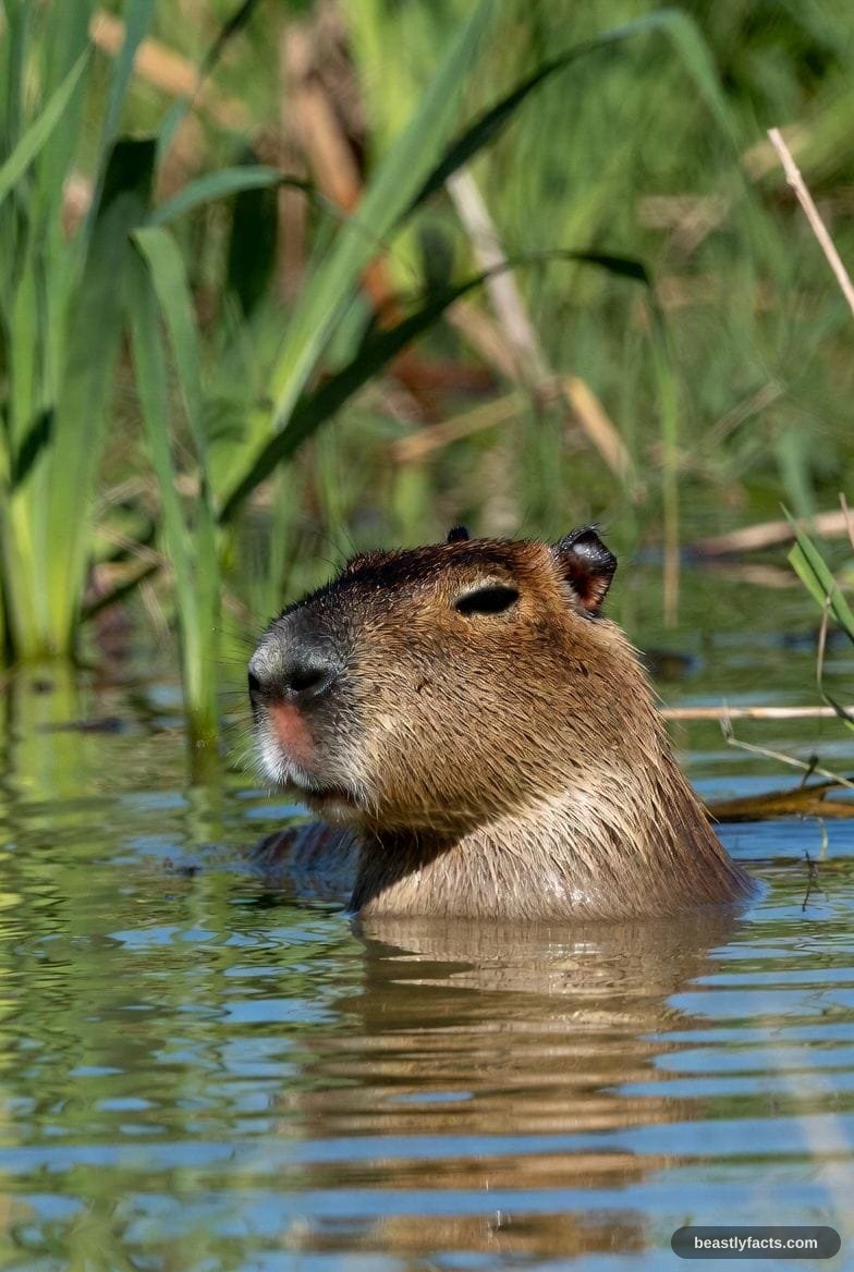 A capybara at the water margin, its blunt muzzle and small ears clearly visible