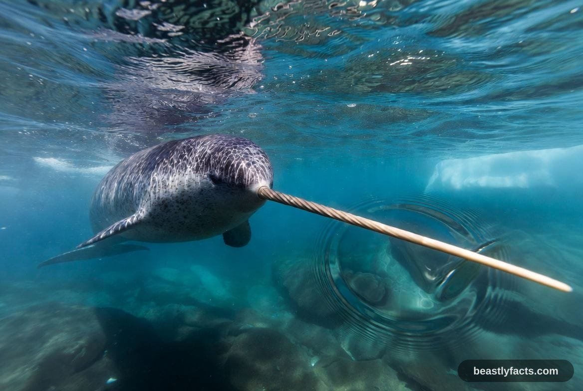 A narwhal breaking the surface in cold Arctic water, mottled grey skin visible