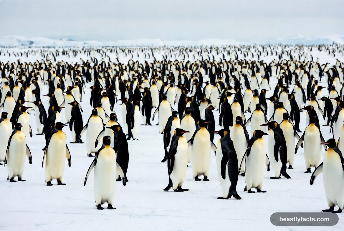 An emperor penguin in profile on ice