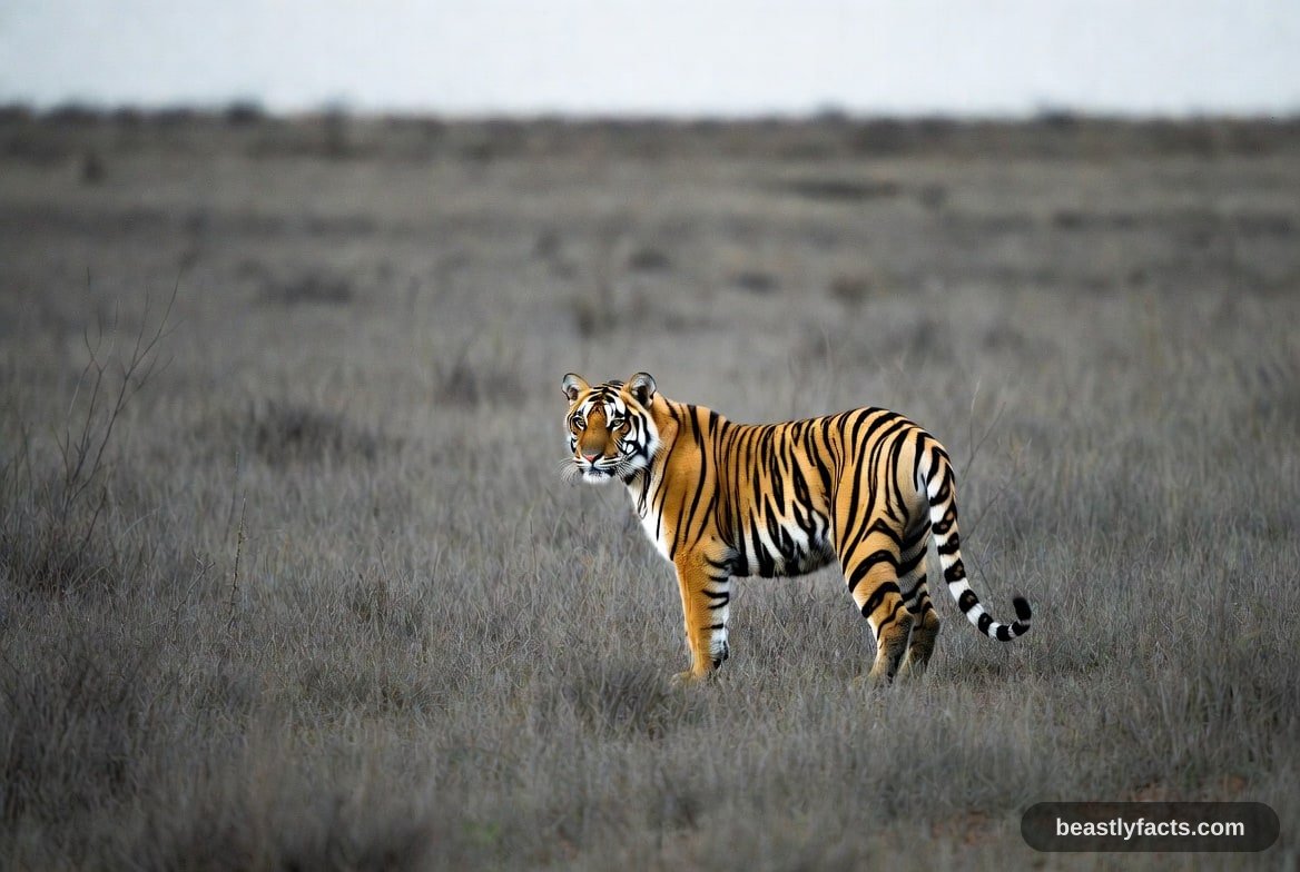 A tiger facing the camera showing its striped face and white ruff