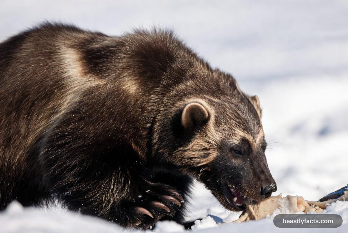A wolverine in profile on snow showing its dense dark coat and pale flank stripe