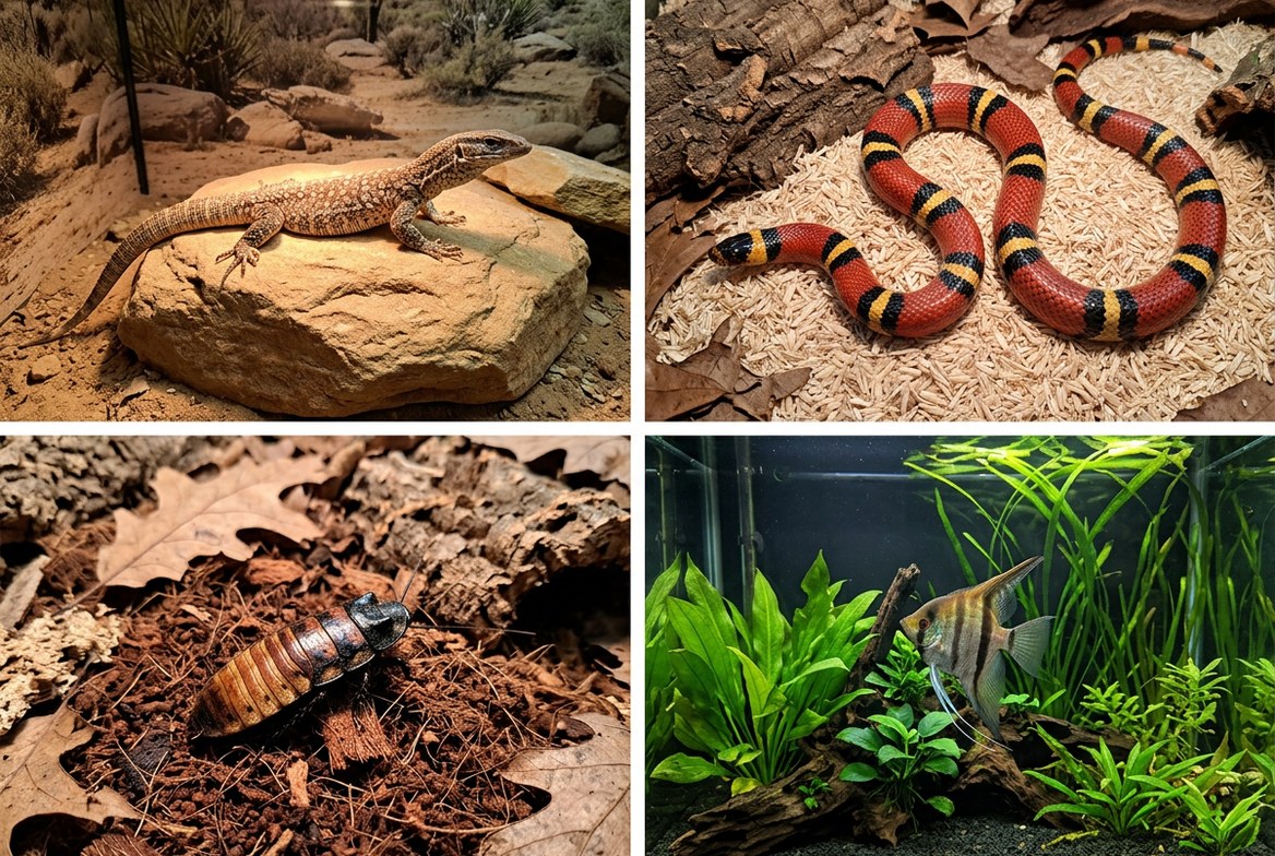 Ackie monitor, milk snake, Madagascar hissing cockroach, and angelfish shown side by side
