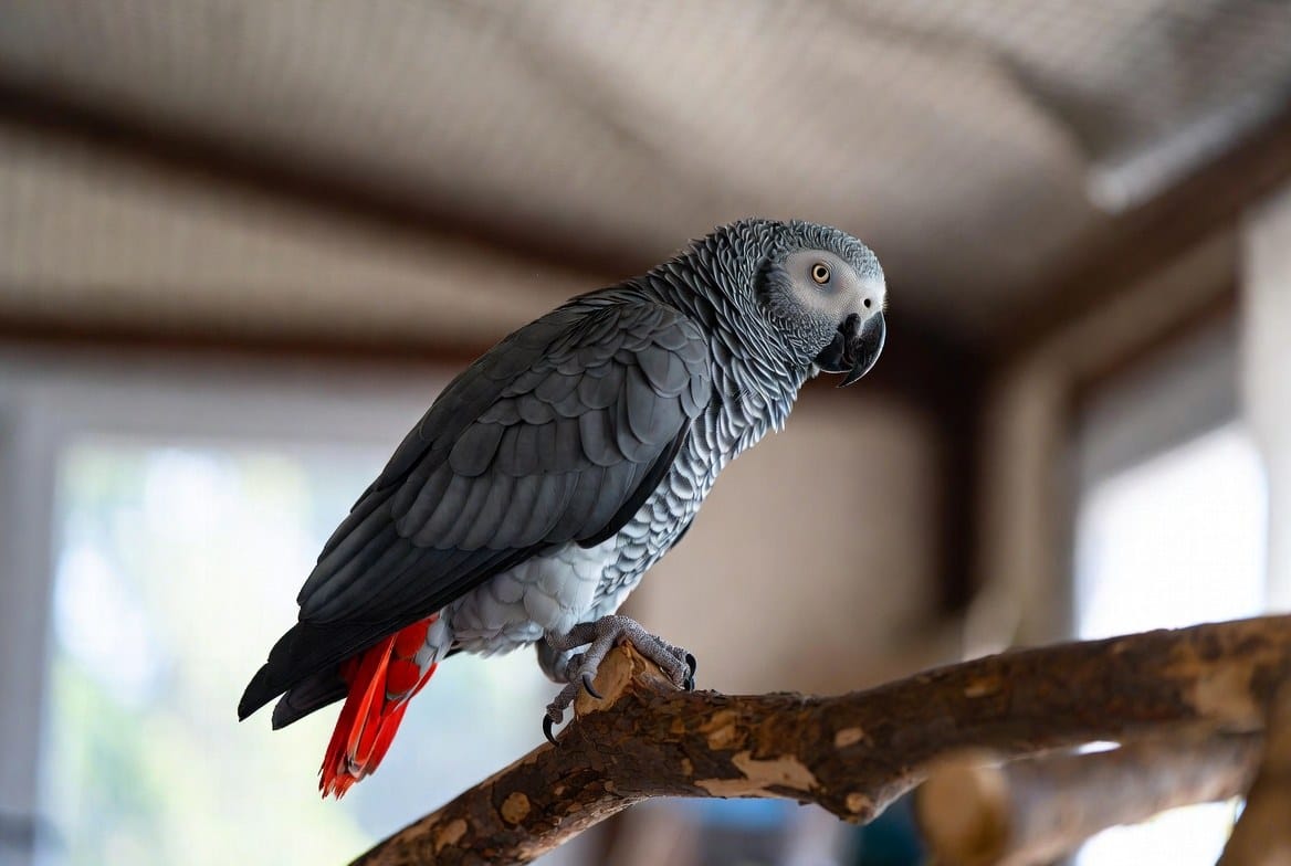 African grey parrot perched calmly, representing its captive-bred legal status