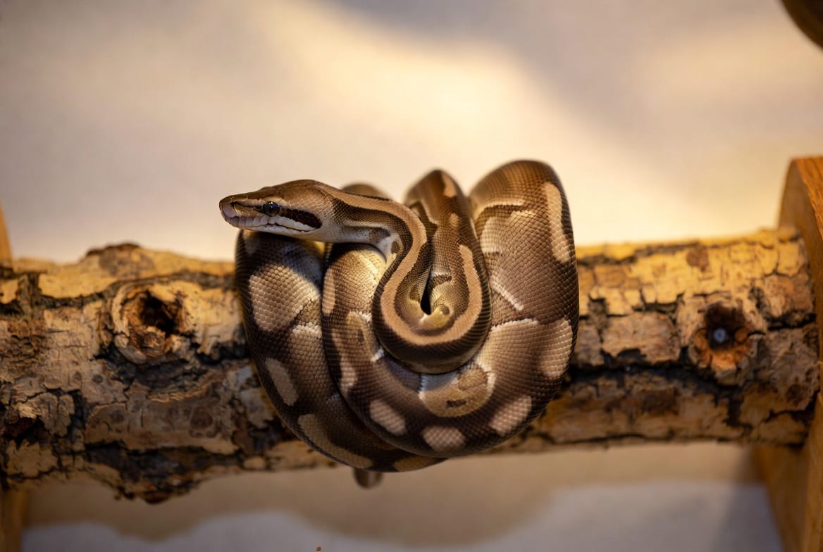 Ball python coiled in its enclosure