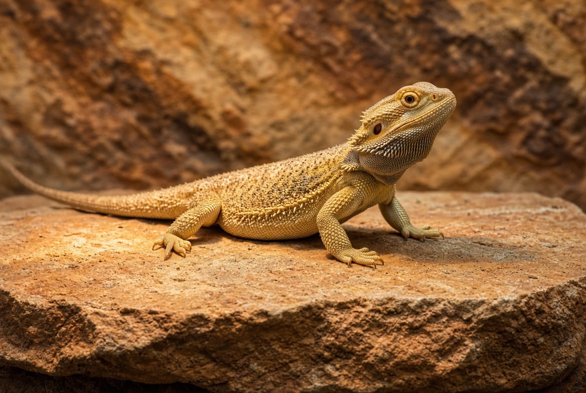 Bearded dragon basking on a flat stone under a heat lamp