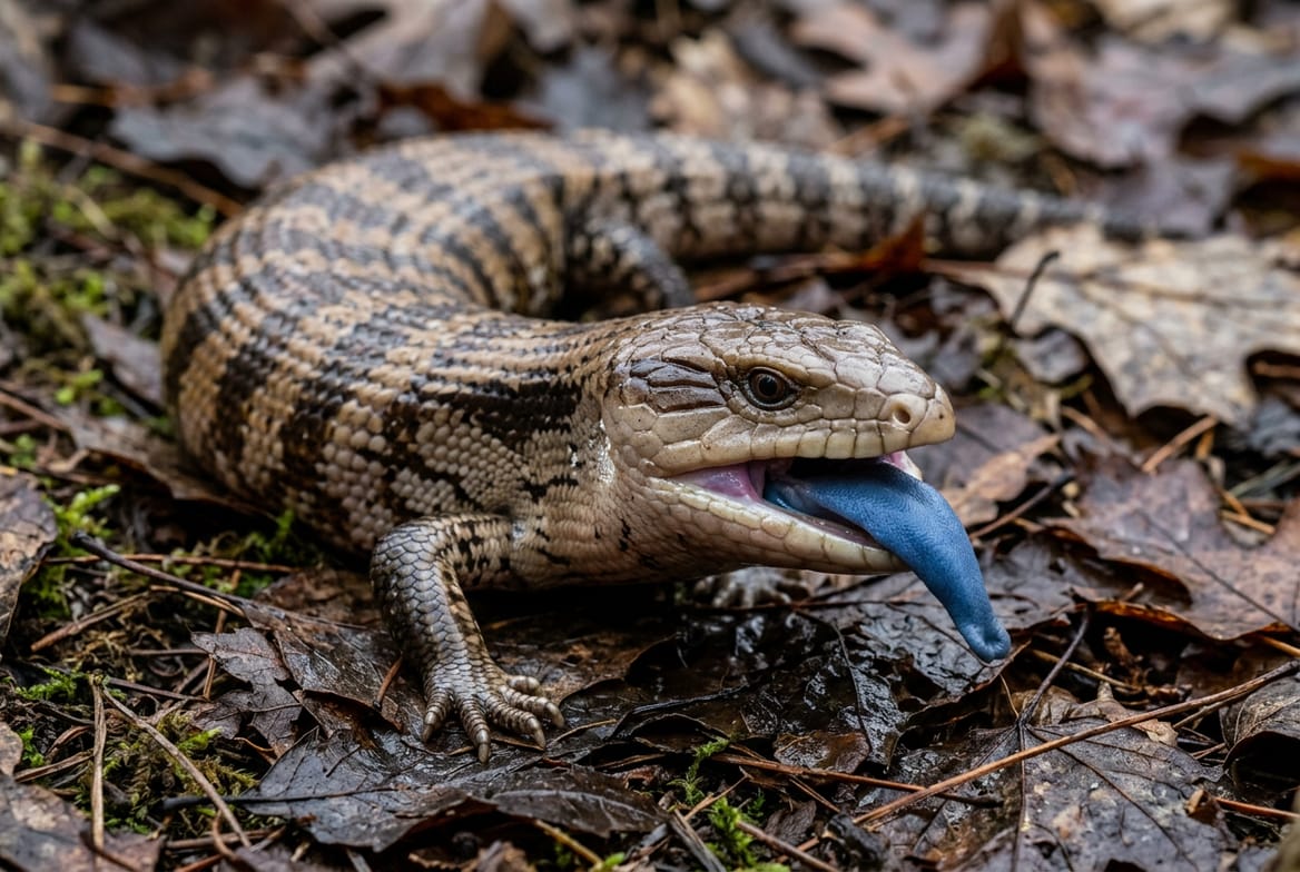 Blue-tongued skink with its tongue extended, showing the blue coloration it is named for