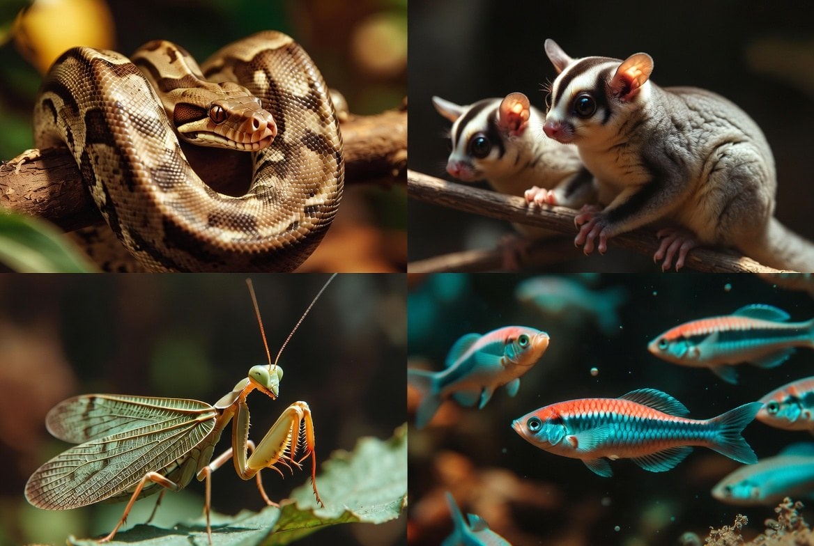 Boa constrictor, sugar glider, praying mantis, and neon tetra shown side by side