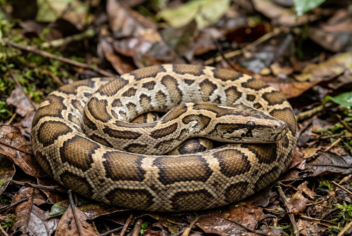 Coiled Burmese python showing its patterned tan and brown markings
