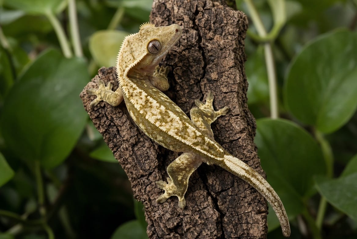 Crested gecko gripping a branch, showing the eyelash crests it is named for