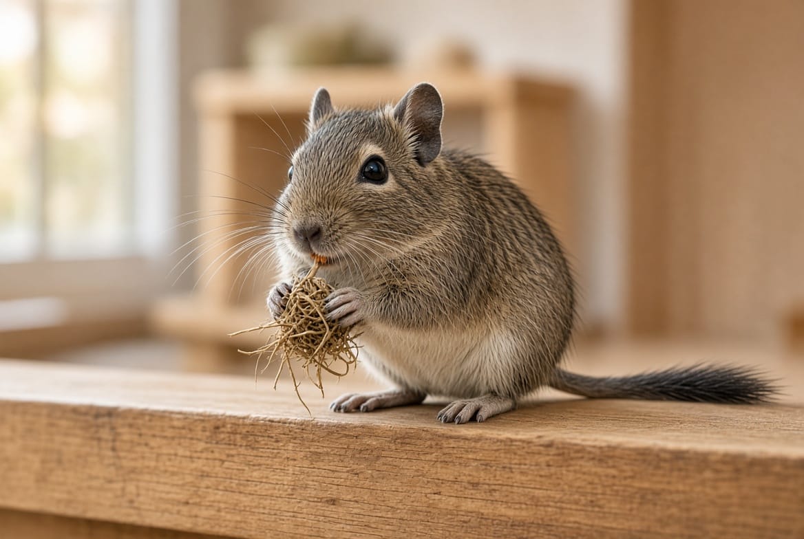 Degu sitting on a wooden ledge holding forage in its forepaws