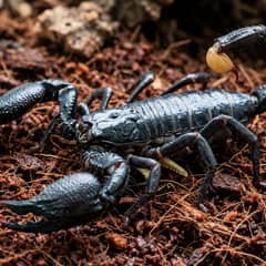 Emperor scorpion on bark chips with its heavy granular pincers forward and tail curled over its back