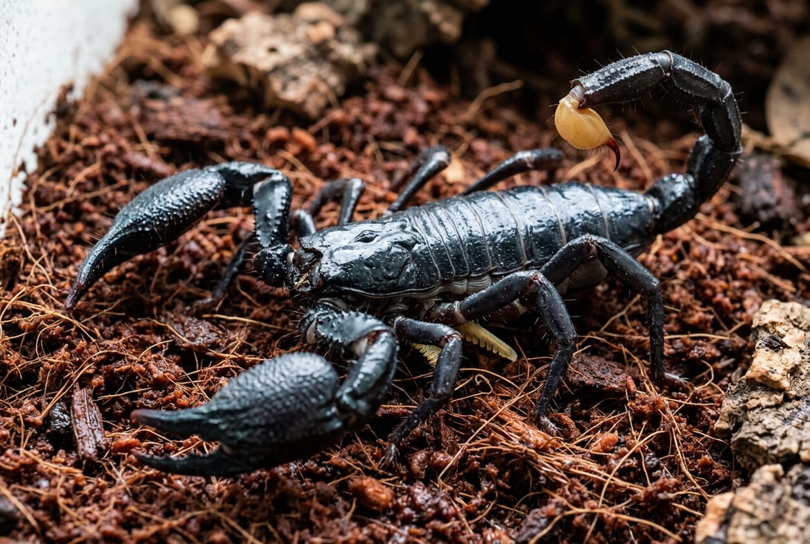 Emperor scorpion on bark chips with its heavy granular pincers forward and tail curled over its back