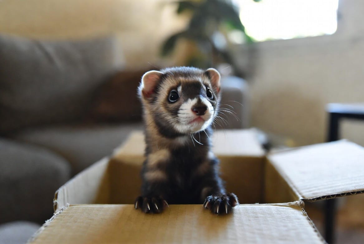 Pet ferret peeking out of a cardboard box