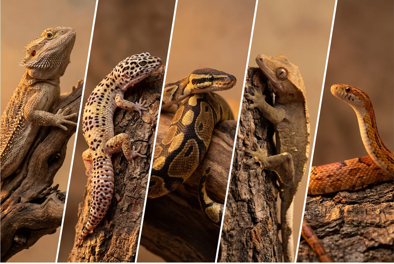 Grid of a bearded dragon, leopard gecko, ball python, crested gecko, and corn snake
