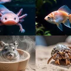 Grid of an axolotl, goldfish, chinchilla, and hermit crab