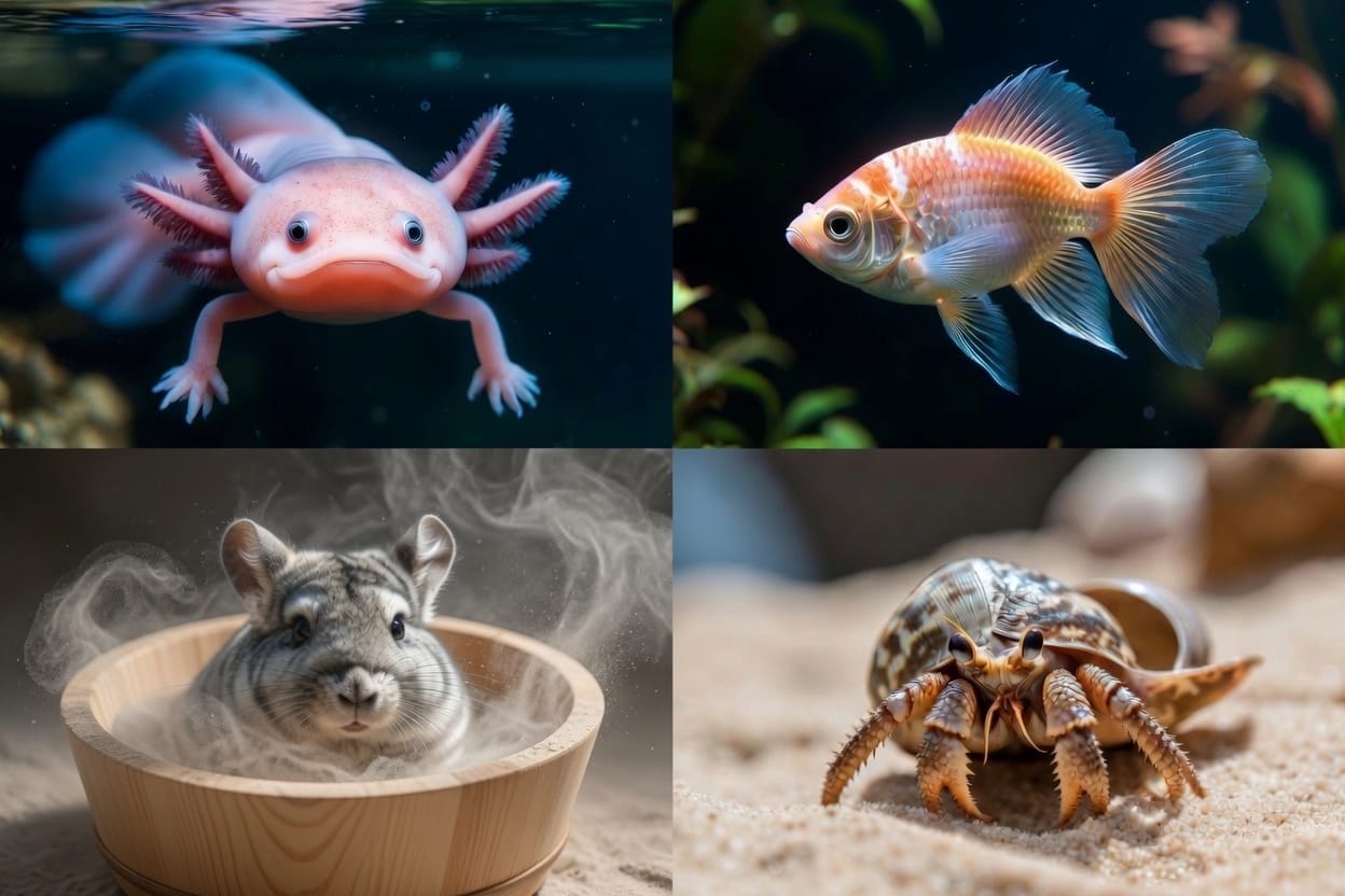Grid of an axolotl, goldfish, chinchilla, and hermit crab