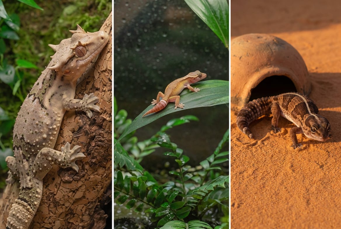 Gargoyle gecko, mourning gecko, and African fat-tailed gecko shown side by side