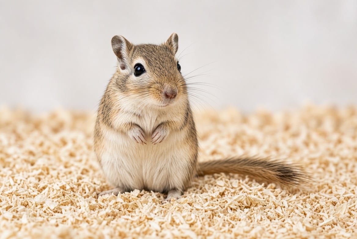 Mongolian gerbil standing upright on deep bedding