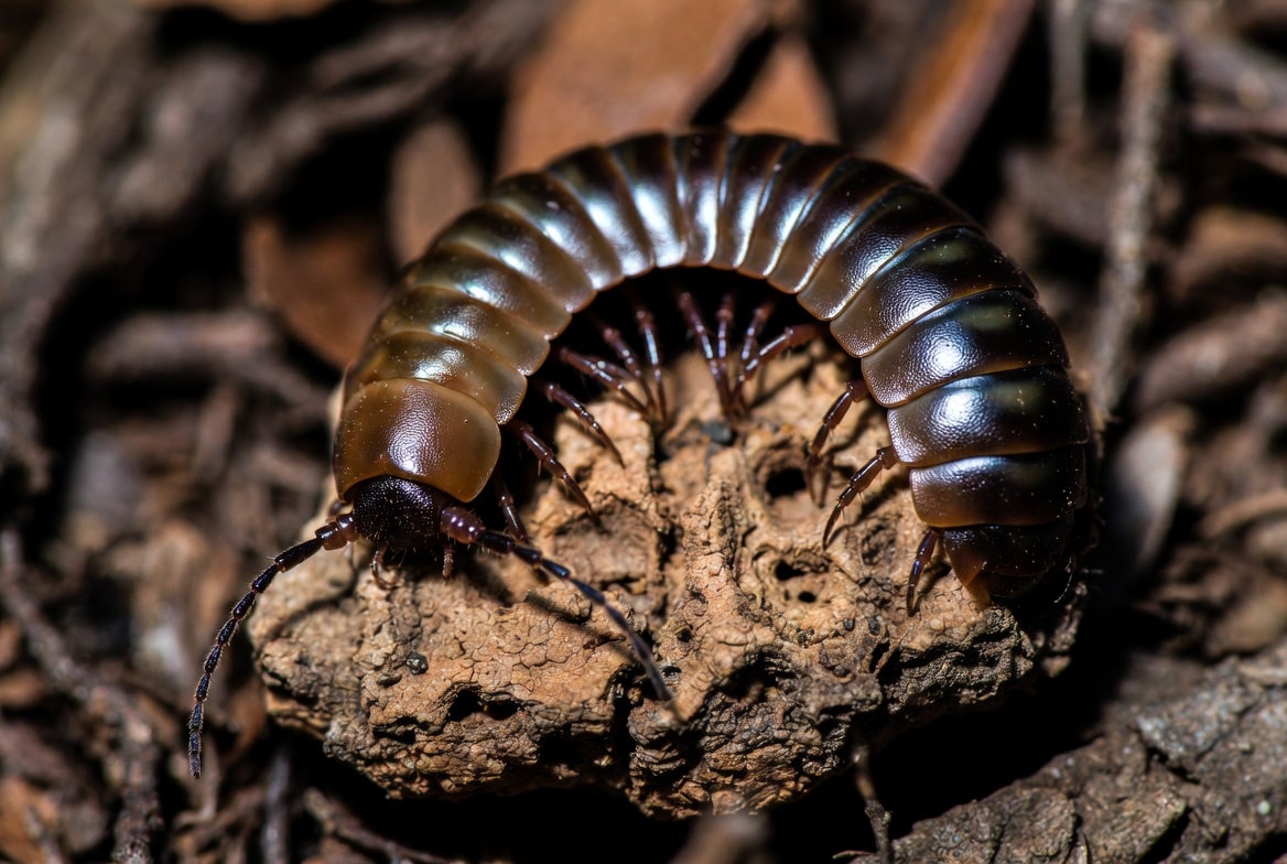 Giant African millipede curled on bark