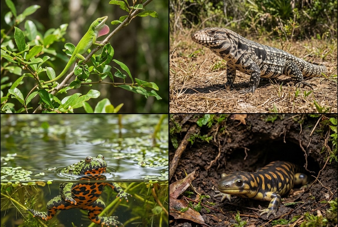 Green anole, Argentine tegu, fire-bellied toad, and tiger salamander shown side by side