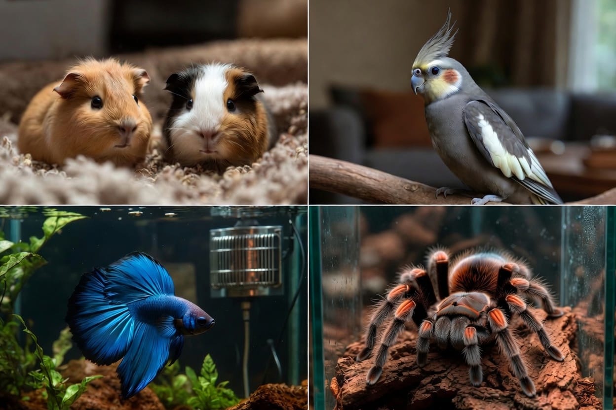 Grid of a guinea pig, cockatiel, betta fish, and tarantula