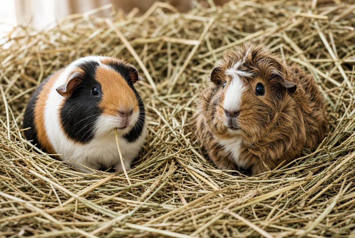 Two guinea pigs together on a bed of timothy hay