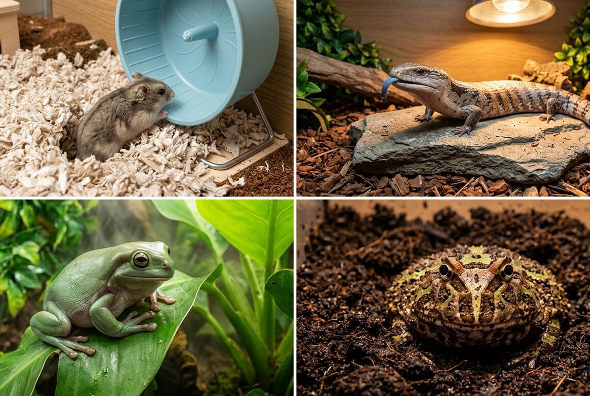 Hamster, blue-tongued skink, White's tree frog, and Pacman frog shown side by side