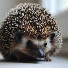 African pygmy hedgehog walking toward the camera on a pale surface