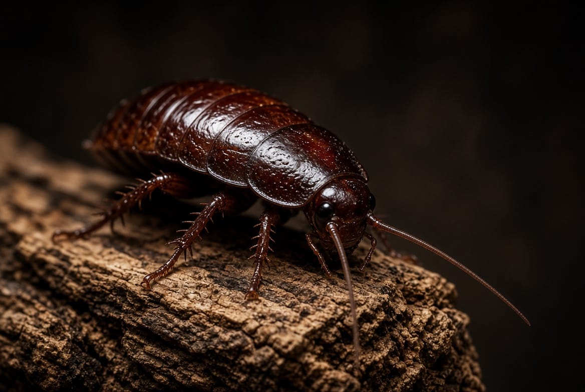Madagascar hissing cockroach on bark, its glossy segmented back lit from one side