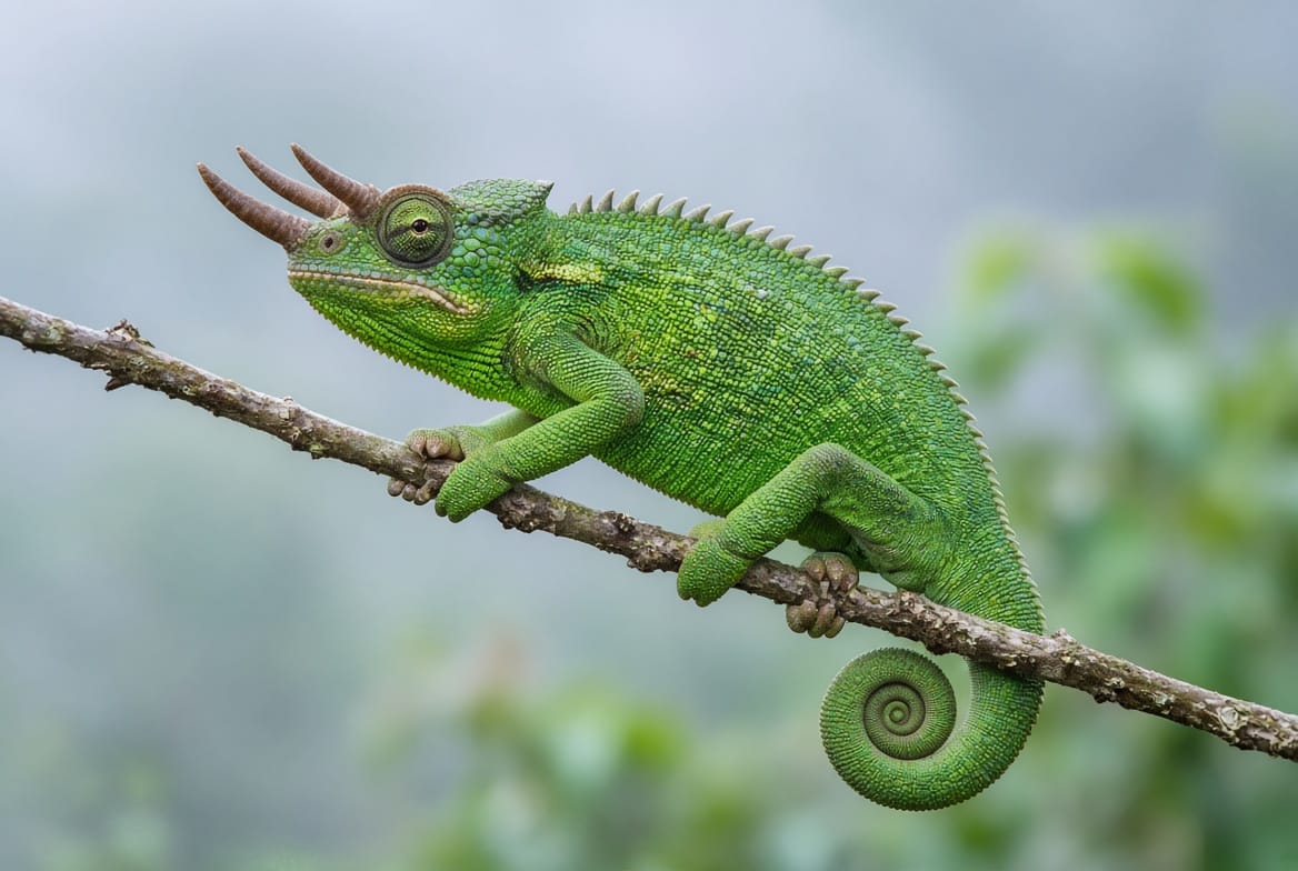 Male Jackson's chameleon in profile on a branch, all three horns visible