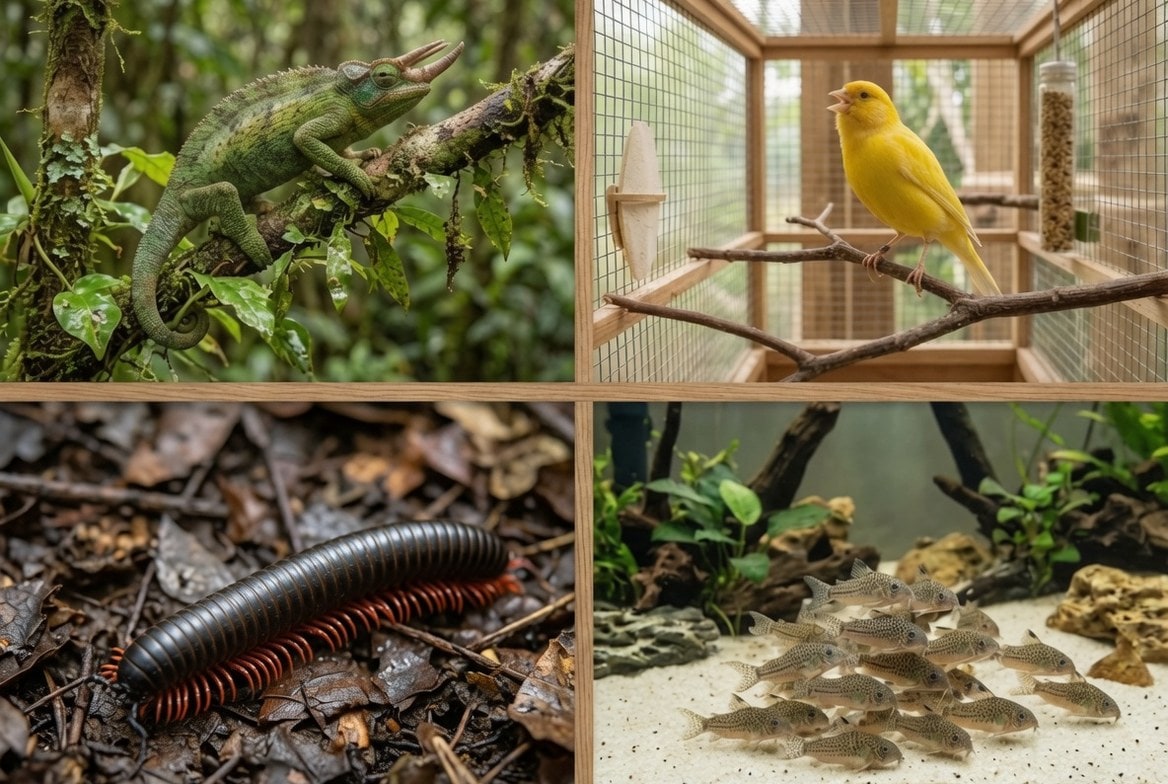 Jackson's chameleon, canary, giant millipede, and corydoras catfish shown side by side