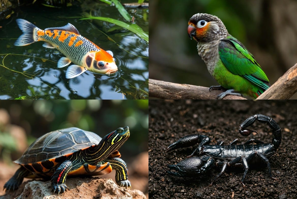 Koi, green cheek conure, red-eared slider, and emperor scorpion shown side by side
